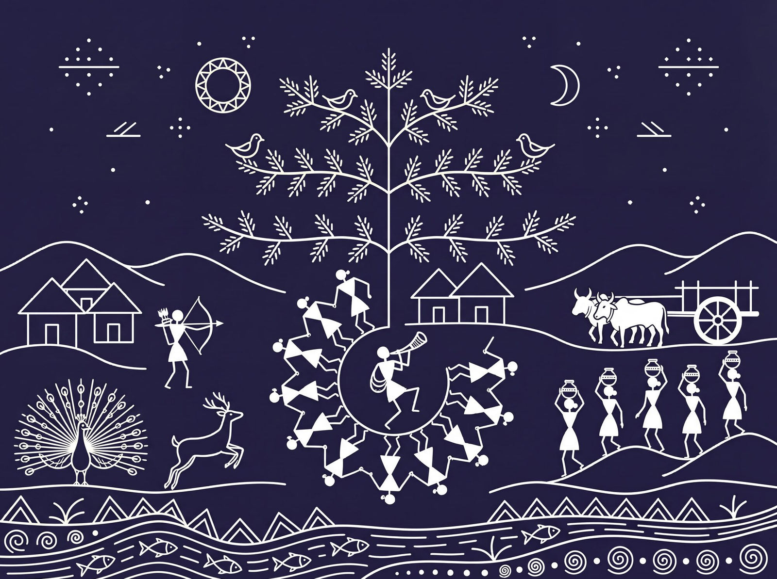Warli tribal art repeat mural in rice-white on deep indigo: upper register with tarpa dance circle of triangular figures spiralling around a horn player and a symmetrical tree of life with birds; middle register with bullock cart and water-carrier processions and a hunter aiming at a leaping deer; lower register with warli huts and peacocks with radiating fan tails; geometric borders between registers