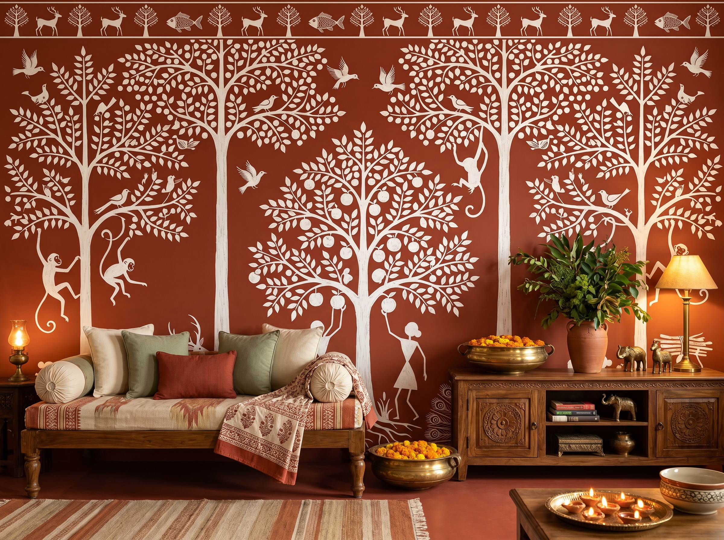 Warli Forest scenic wallpaper mural on the feature wall of an eclectic children's room, in a earthy terracotta-and-rust palette — The Wall Shawl.