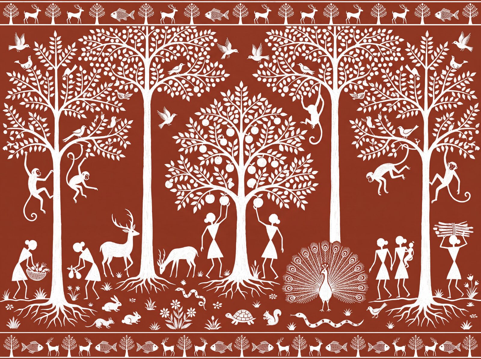 Immerse yourself in the vibrant Warli Forest. A rich palette of red ochre, rice paste white, and deep forest brown. Made to order.