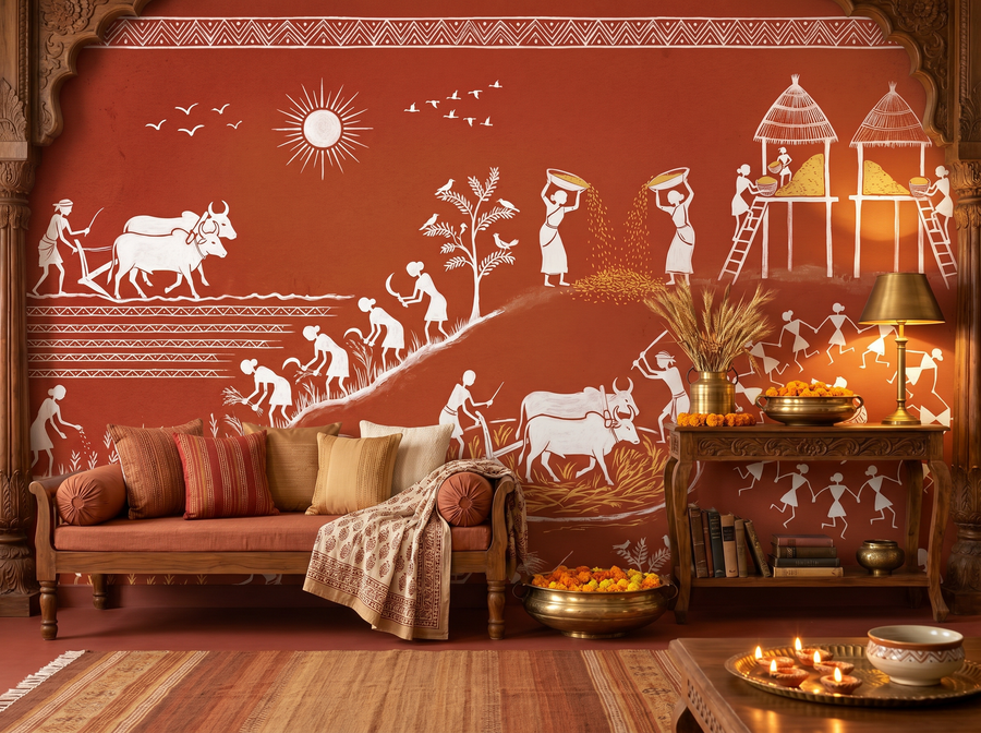 Warli Harvest scenic wallpaper mural on the feature wall of an eclectic dining room, in a rich red-and-burgundy palette — The Wall Shawl.