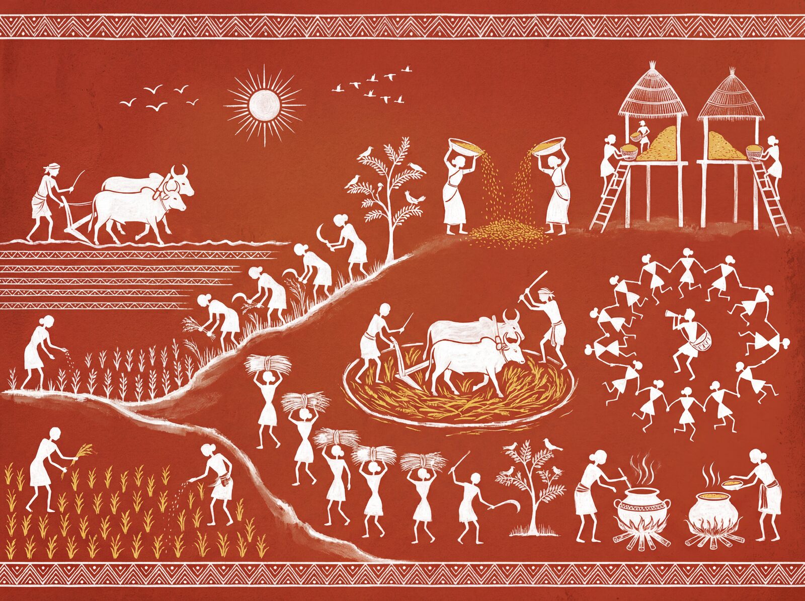 Experience the vibrant Warli Harvest mural, rich in red ochre, rice white, and deep browns. Made to order.