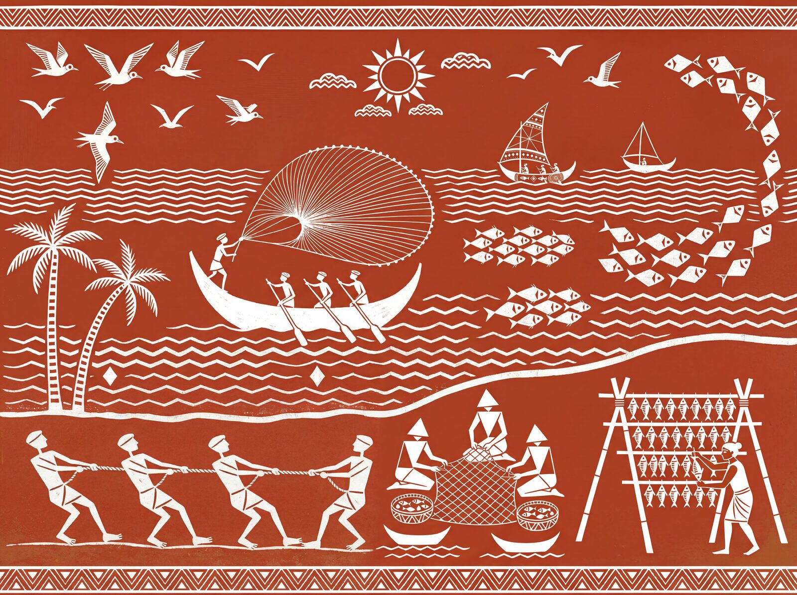 Experience the dynamic energy of the Warli Ocean with its Red Ochre, Rice Paste, and Deep Mud palette. Made to order.