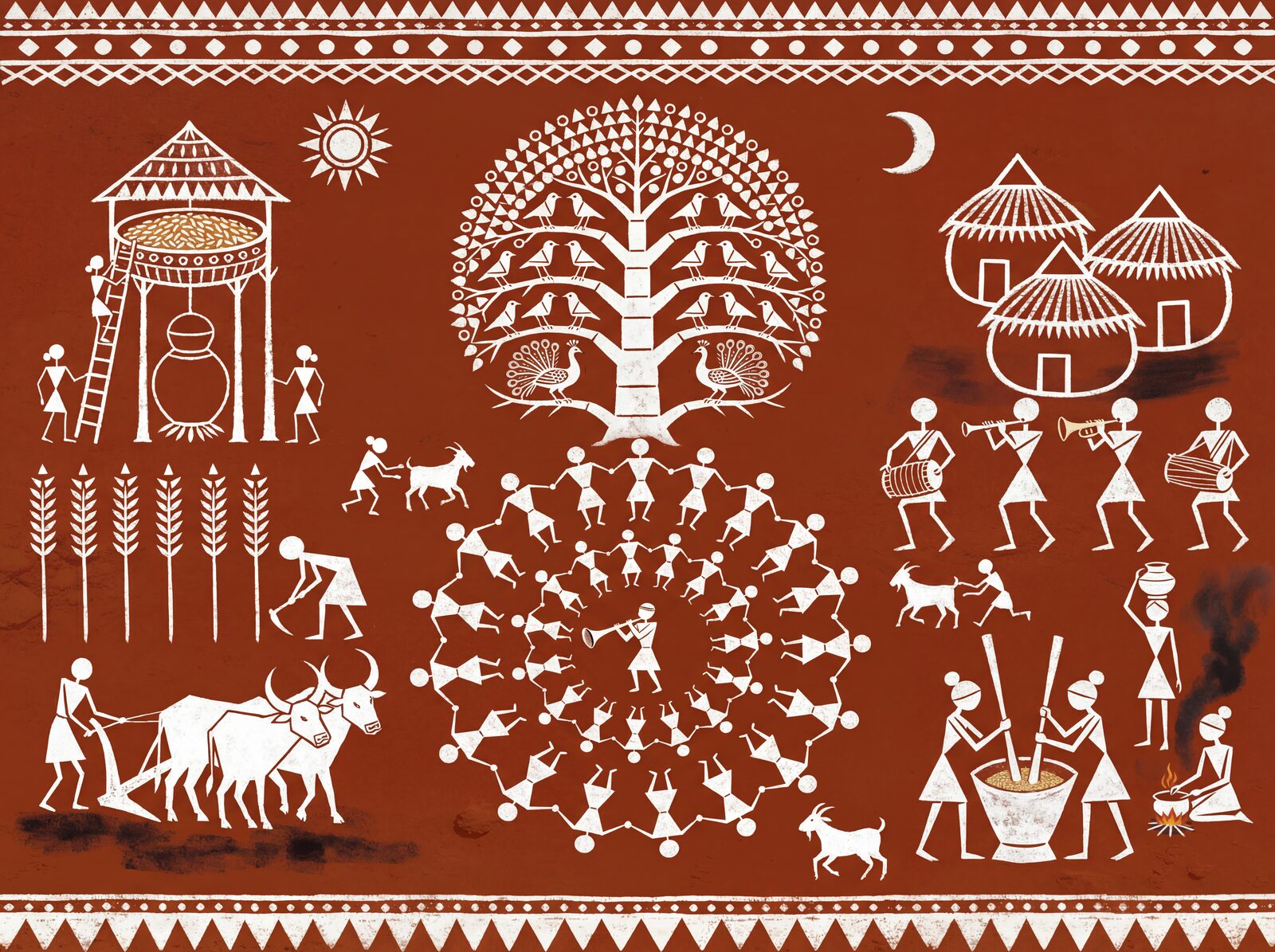 Experience a moonlit Warli festival in this evocative mural. Red ochre, rice paste white, and deep earth browns. Made to order.