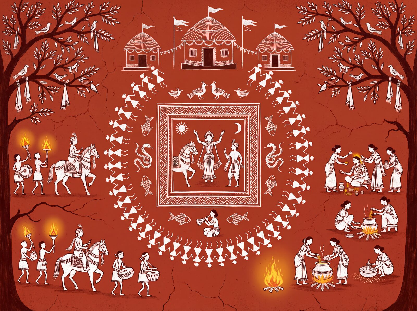 Experience the sacred joy of a Warli wedding. Red Ochre, Rice Paste White, Deep Mud Brown, Warm Umber, Pale Straw, Dark Umber Shadow, Firelight Terracotta. Made to order.