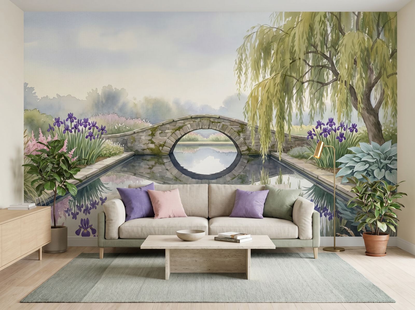 Water Garden scenic wallpaper mural on the feature wall of an English-country bathroom, in a cool blue palette — The Wall Shawl.
