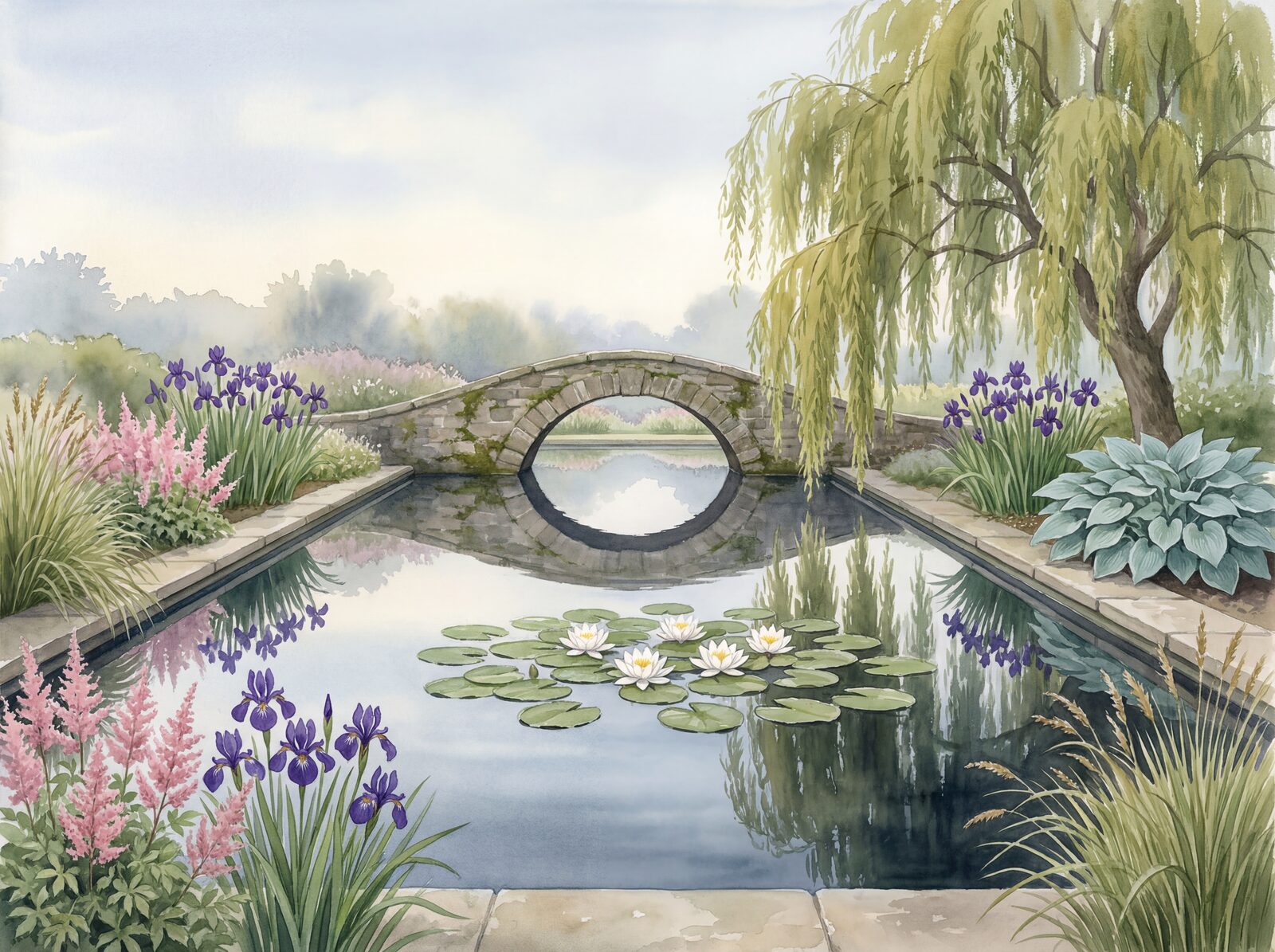 Scenic mural wallpaper featuring a serene English garden with Pool Dark, Iris Purple, and Lily White hues. Made to order.