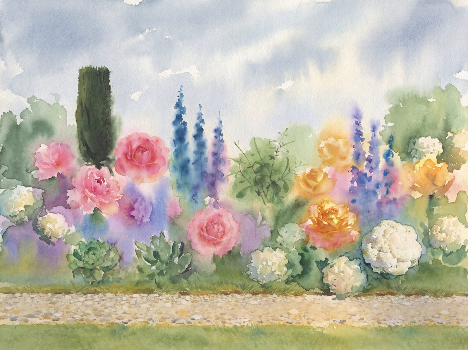 Experience a dreamy, painterly garden in soft pinks, blues, and greens. Made to order.