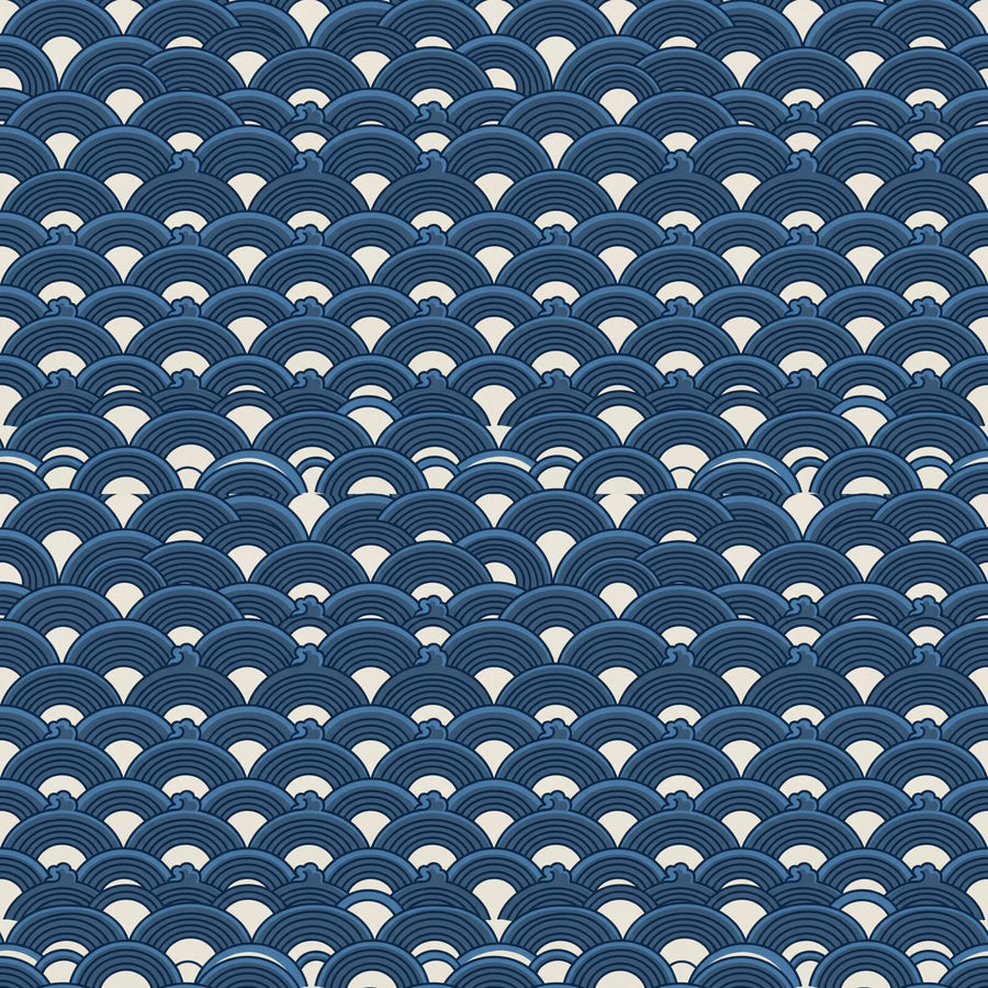 Experience the hypnotic rhythm of the ocean with our Wave Pattern Chinoiserie mural. Indigo, white, and deep blue hues. Made to order.