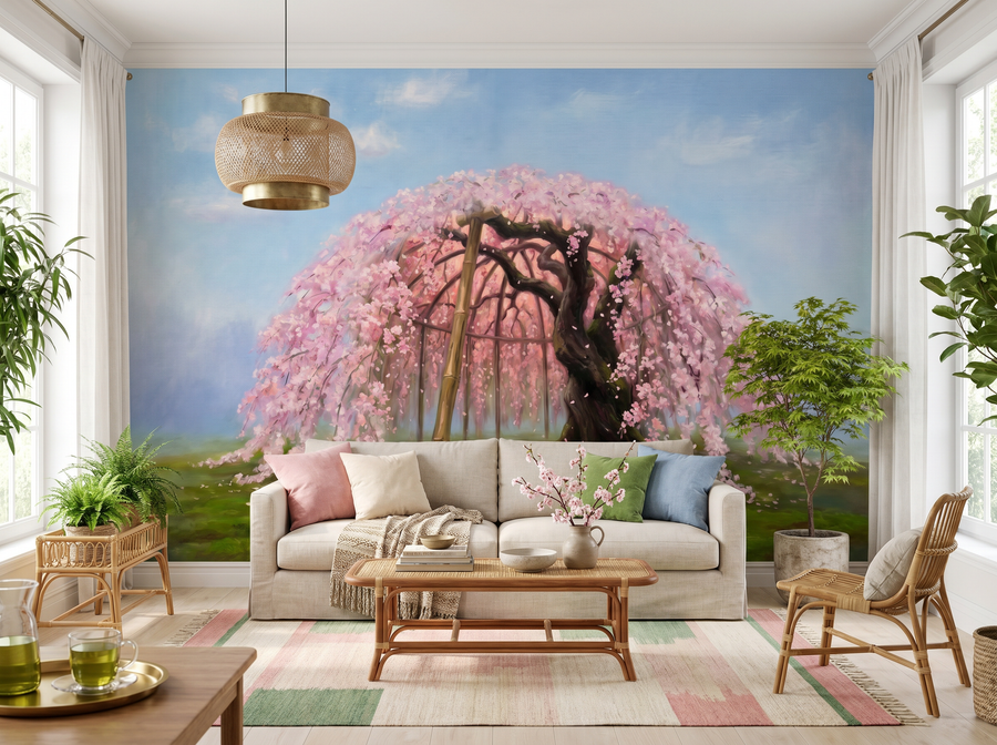 Weeping Cherry scenic wallpaper mural on the feature wall of a chinoiserie living room, in a soft grey palette — The Wall Shawl.