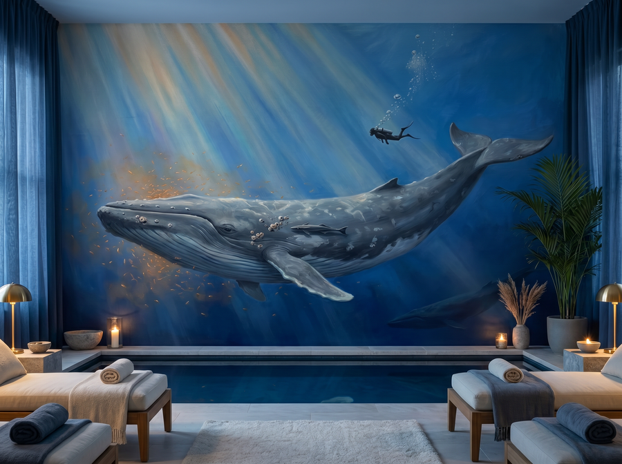 Whale Depths scenic wallpaper mural on the feature wall of a coastal living room, in a cool blue palette — The Wall Shawl.