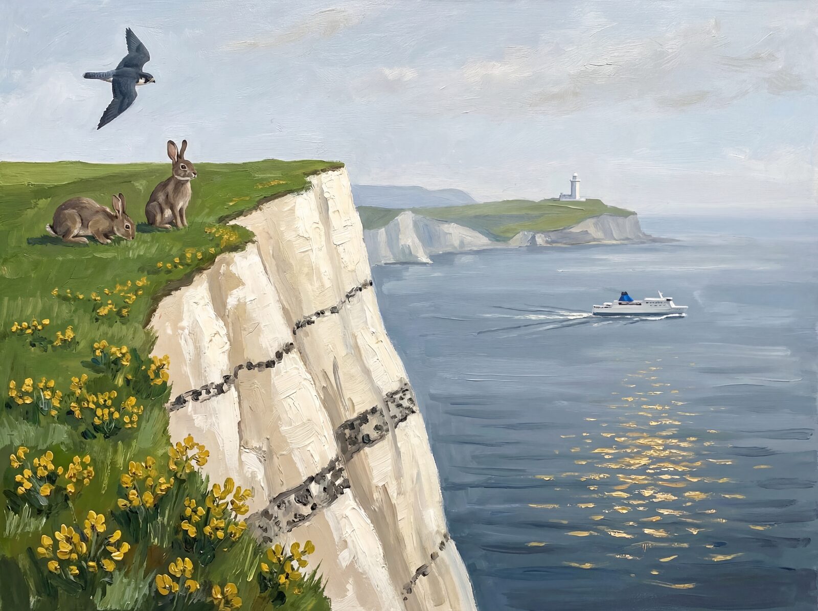 Scenic mural wallpaper featuring the White Cliffs of Dover in Chalk White, Flint Grey, and Channel Blue. Made to order.