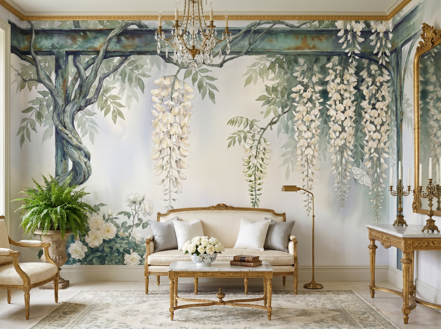 White Wisteria Pergola scenic wallpaper mural on the feature wall of an English-country bedroom, in a moody black-and-charcoal palette — The Wall Shawl.