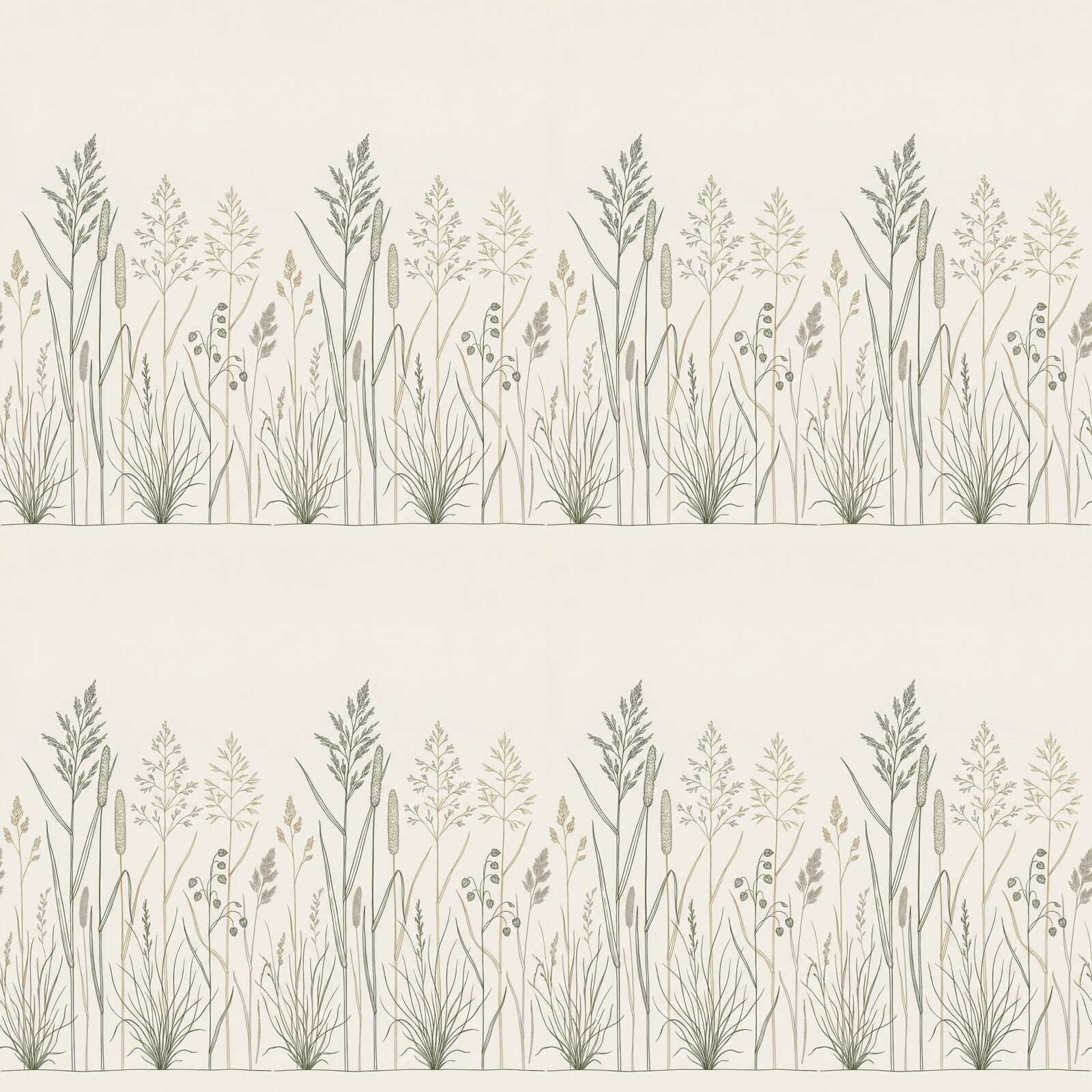 A rhythmic line drawing of wild grasses, celebrating humble botanicals in a calming palette of green, gold, and off-white. Made to order.