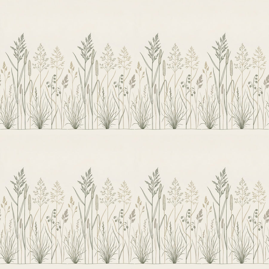 A rhythmic line drawing of wild grasses, celebrating humble botanicals in a calming palette of green, gold, and off-white. Made to order.
