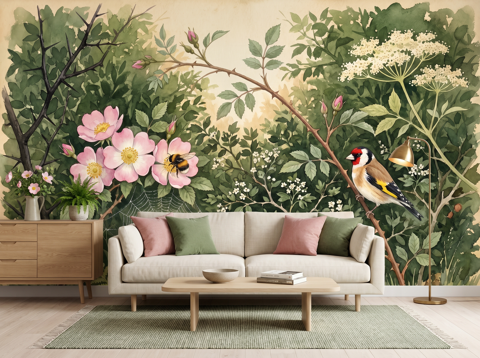 Wild Rose Hedge scenic wallpaper mural on the feature wall of an English-country living room, in a moody black-and-charcoal palette — The Wall Shawl.