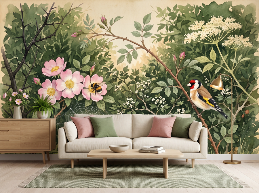 Wild Rose Hedge scenic wallpaper mural on the feature wall of an English-country living room, in a moody black-and-charcoal palette — The Wall Shawl.