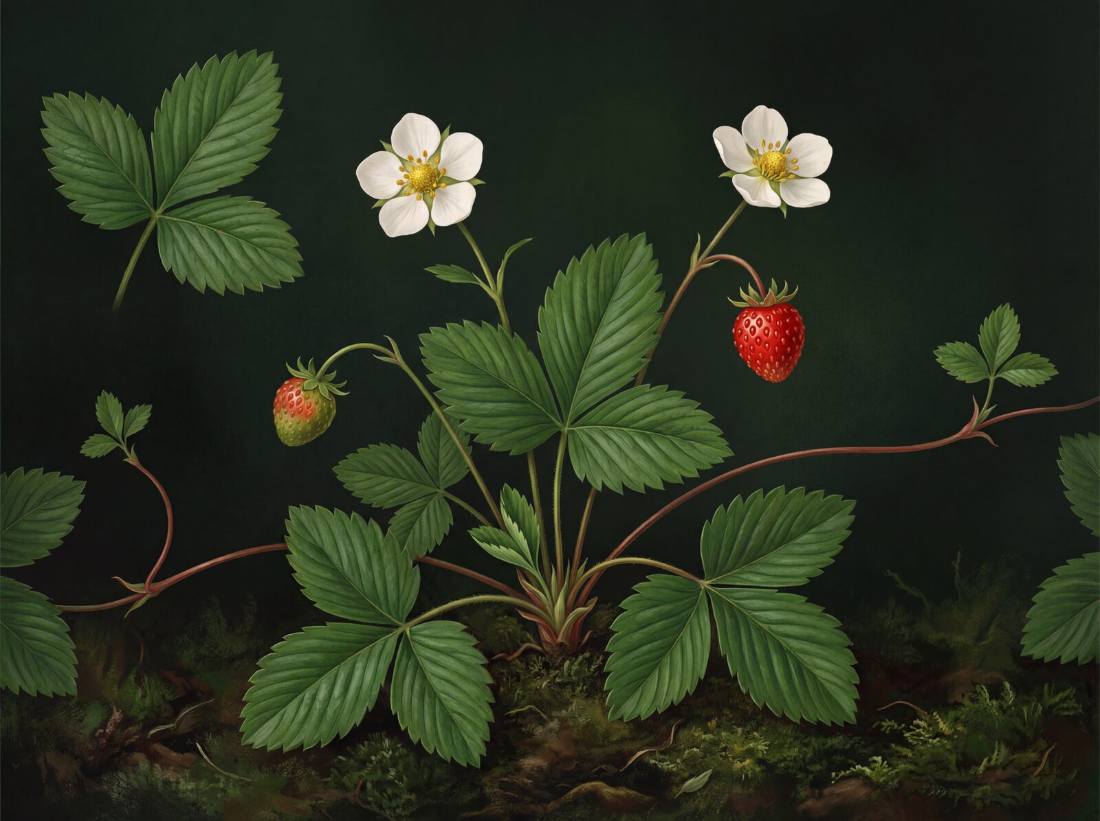 Discover the exquisite detail of a wild strawberry plant. Deep green ground, scarlet fruits, and white flowers. Made to order.