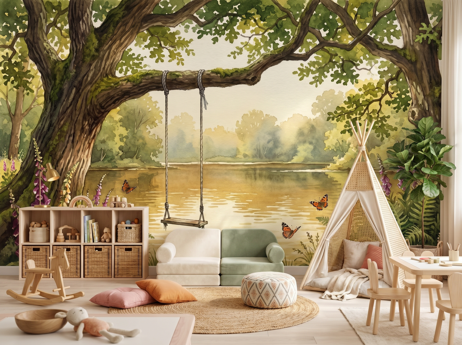 Wild Swimming Lake scenic wallpaper mural on the feature wall of a coastal living room, in a warm brown-and-taupe palette — The Wall Shawl.