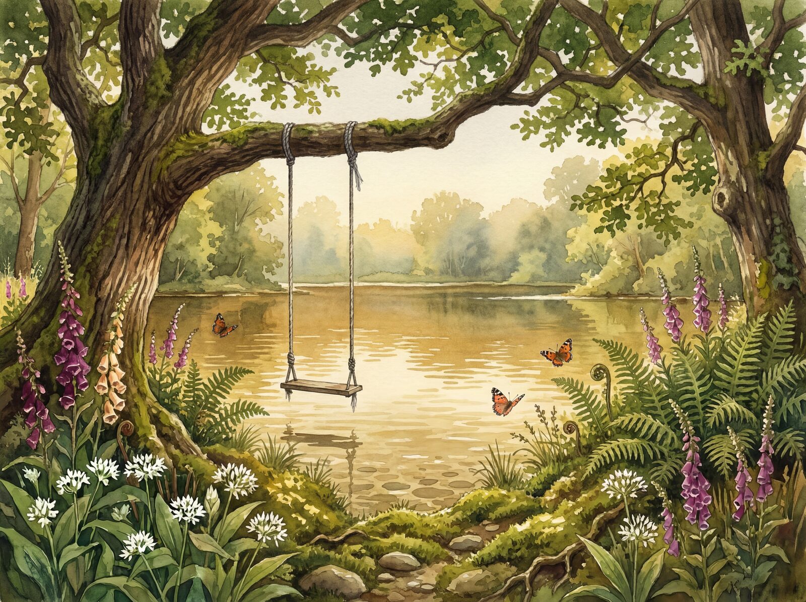 Scenic mural wallpaper with warm linen, tannin amber, and canopy green palette. Made to order.