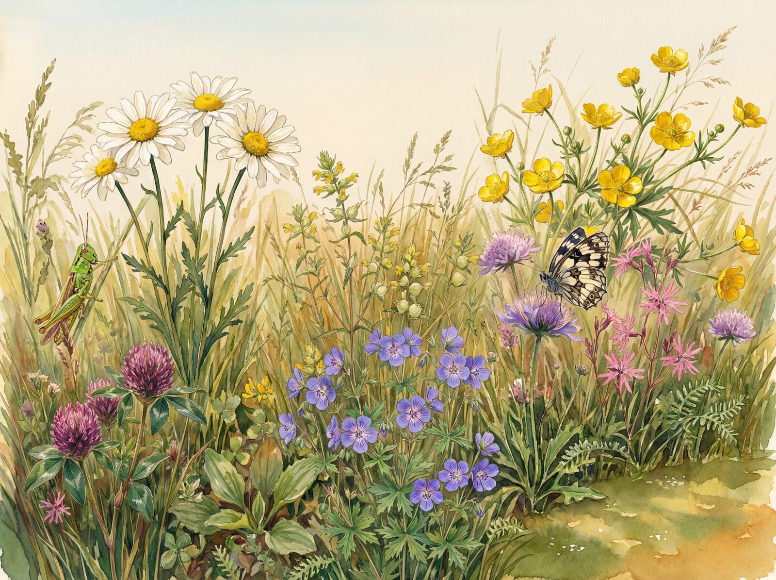 Vibrant meadow scene with Meadow Green, Daisy White, and Buttercup Gold. Made to order.