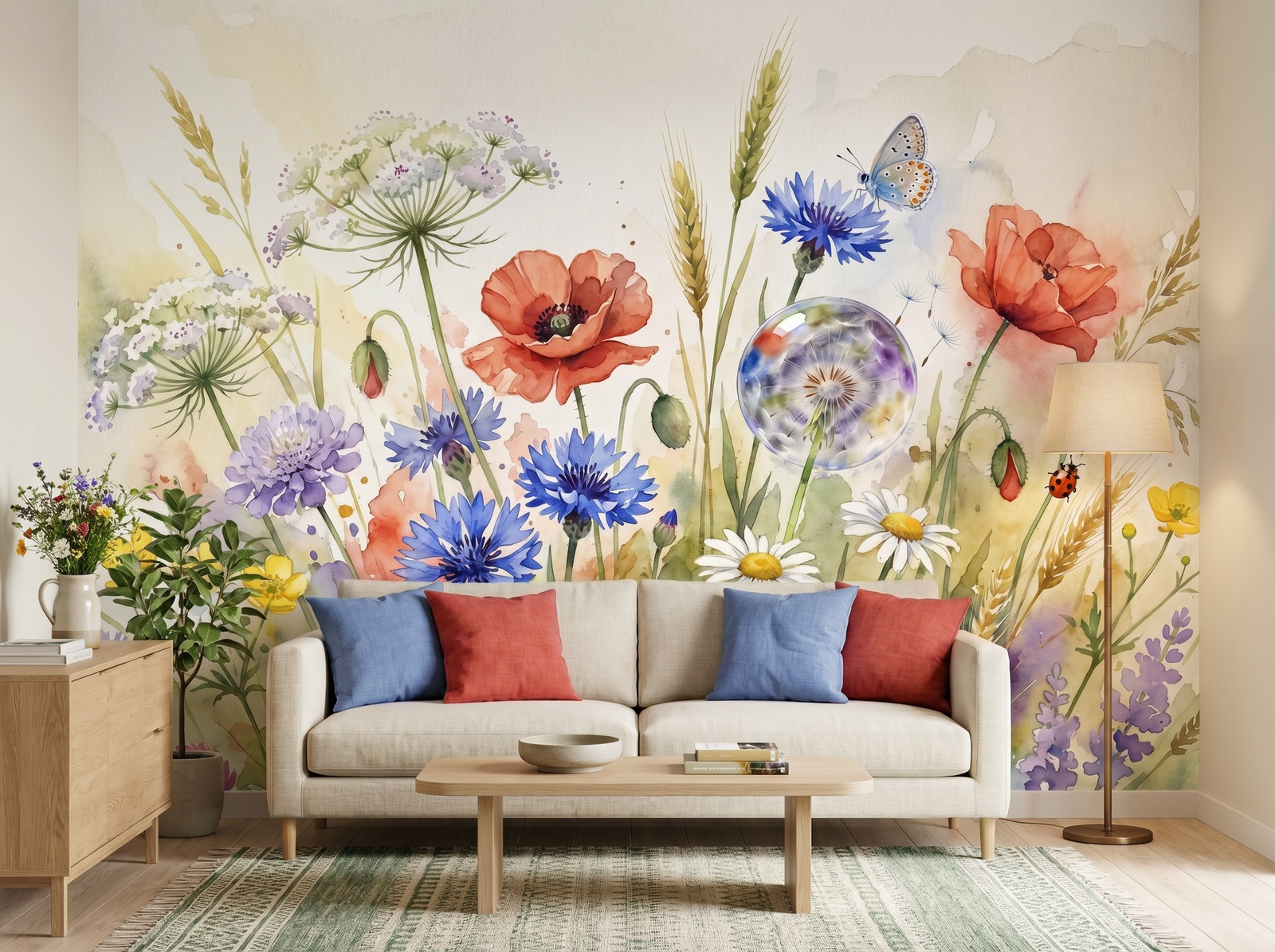 English Wildflower Meadow scenic wallpaper mural on the feature wall of a cottagecore entrance hall, in a soft grey palette — The Wall Shawl.