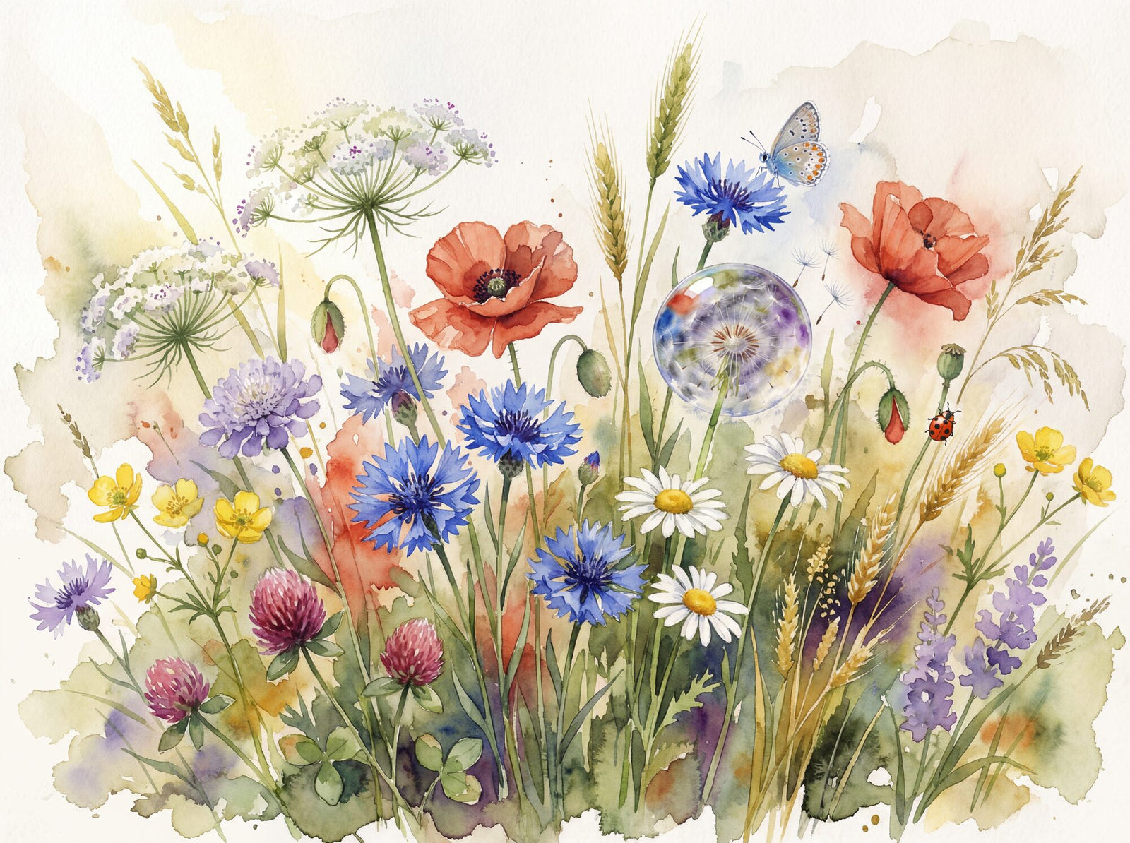 Watercolour wildflower meadow mural seen from below, with scarlet poppies, ultramarine cornflowers, ox-eye daisies, Queen Anne's lace and a blue butterfly on a warm white ground