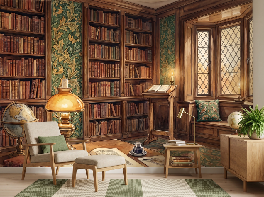 William Morris Library scenic wallpaper mural on the feature wall of a dark-academia study, in a moody black-and-charcoal palette — The Wall Shawl.