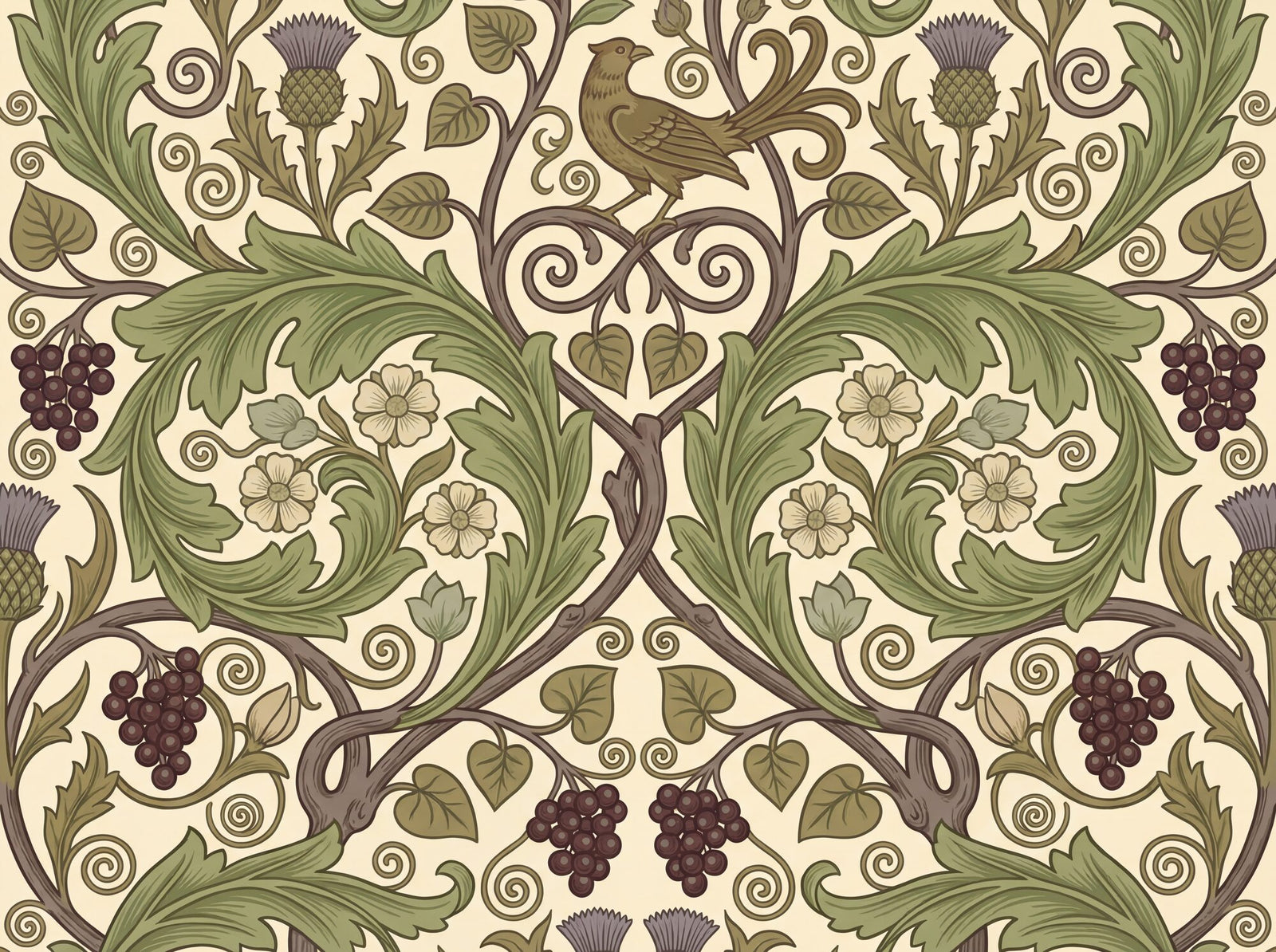 Arts and Crafts flat-pattern mural wallpaper with symmetrical acanthus scrolls, sinuous vine tendrils, grape clusters, thistle heads, five-petalled flowers and a heraldic bird on a warm parchment ground in olive green and taupe