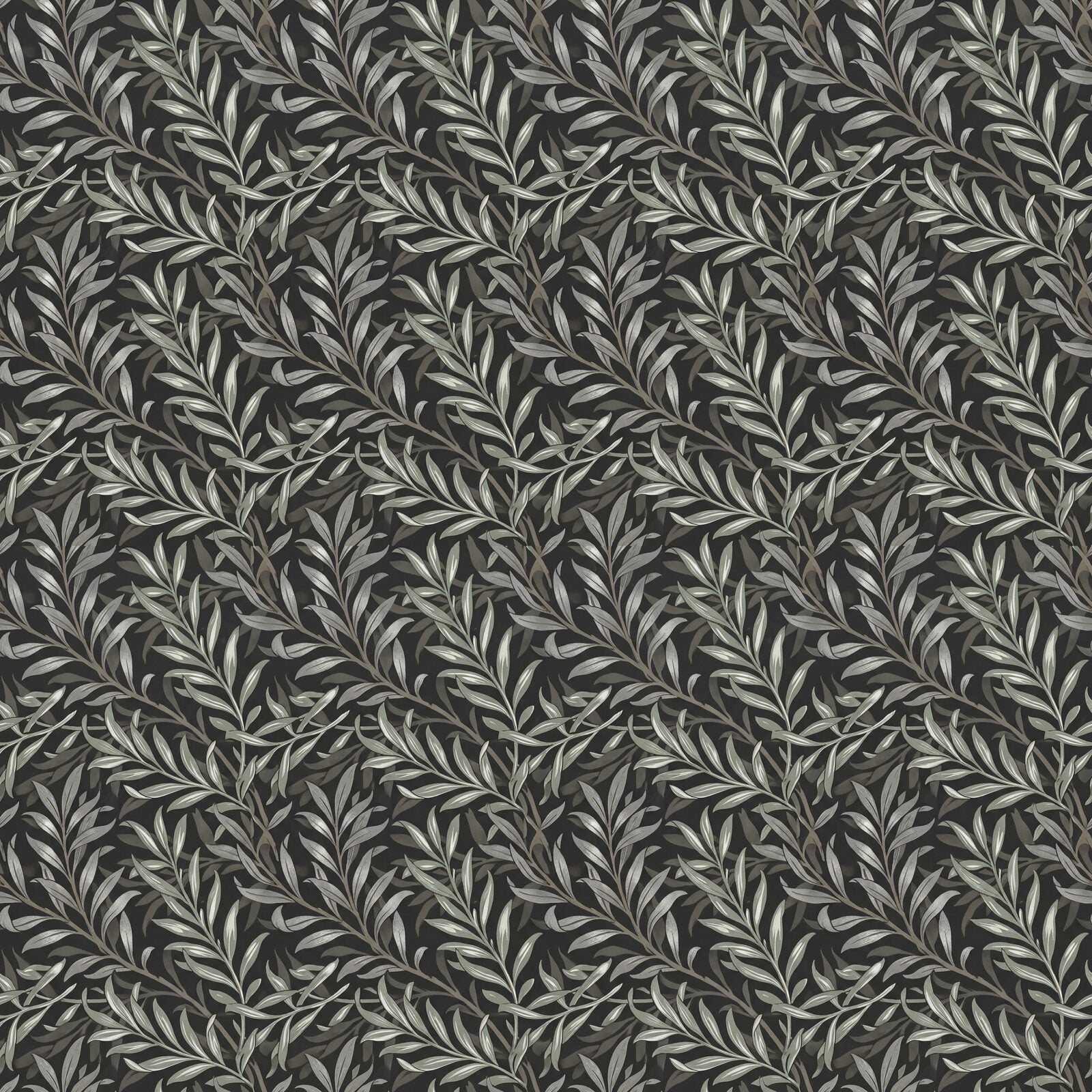 Morris's iconic Willow Bough reimagined on charcoal with silver, sage, and muted green. Made to order.