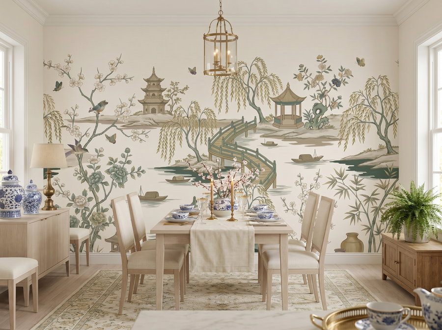 Willow Bridge Garden — Chinoiserie Scenic Wallpaper Mural scenic wallpaper mural on the feature wall of an English-country living room, in a verdant green palette — The Wall Shawl.