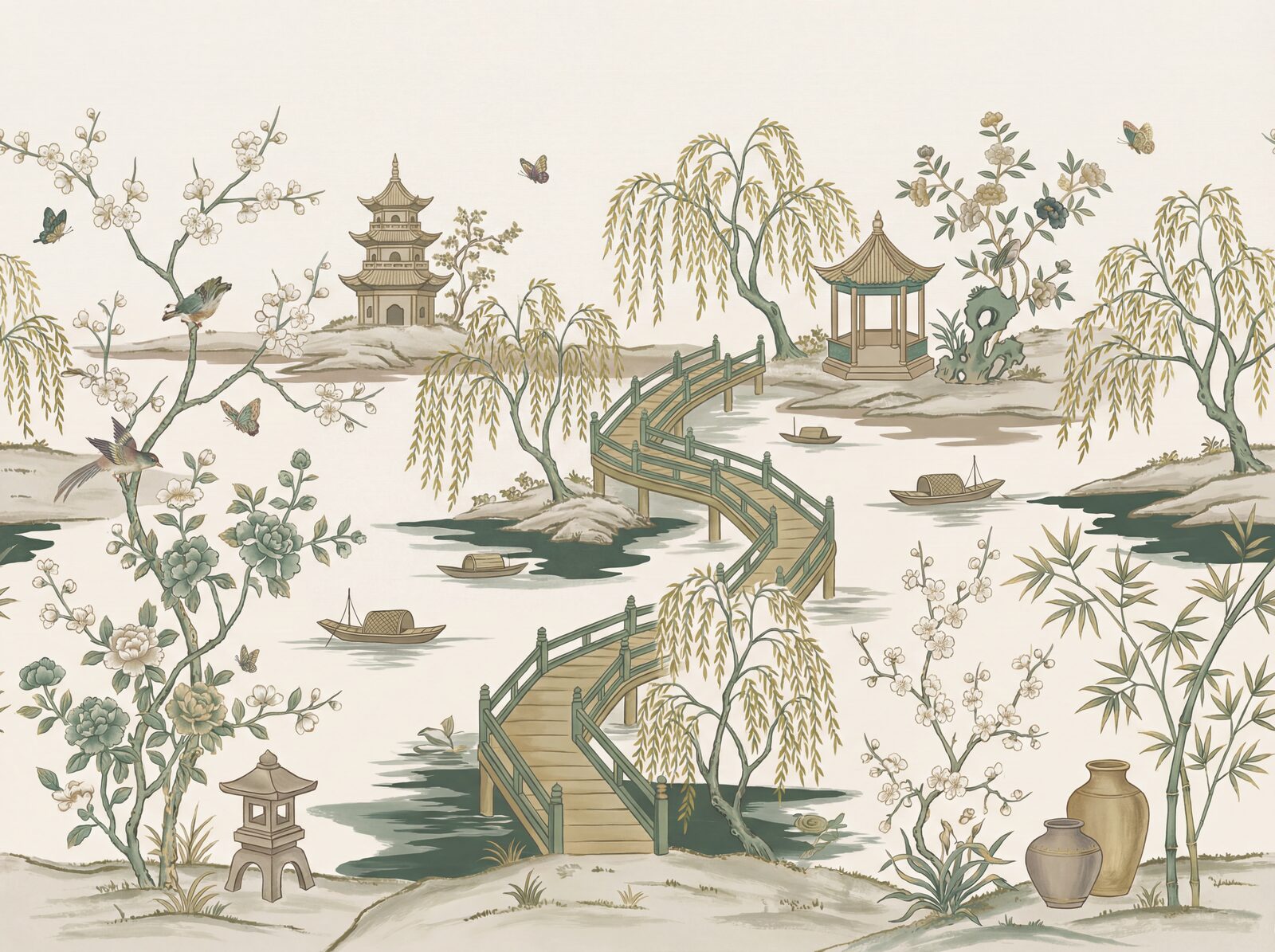 Chinoiserie scenic mural with Willow Jade, Deep Pond, and Warm Stone hues. Made to order.