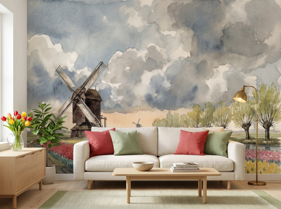 Windmill and Tulips — Mural Wallpaper