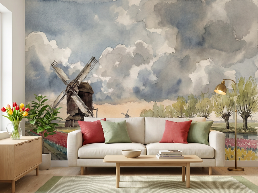 Windmill and Tulips scenic wallpaper mural on the feature wall of an English-country living room, in a cool blue palette — The Wall Shawl.