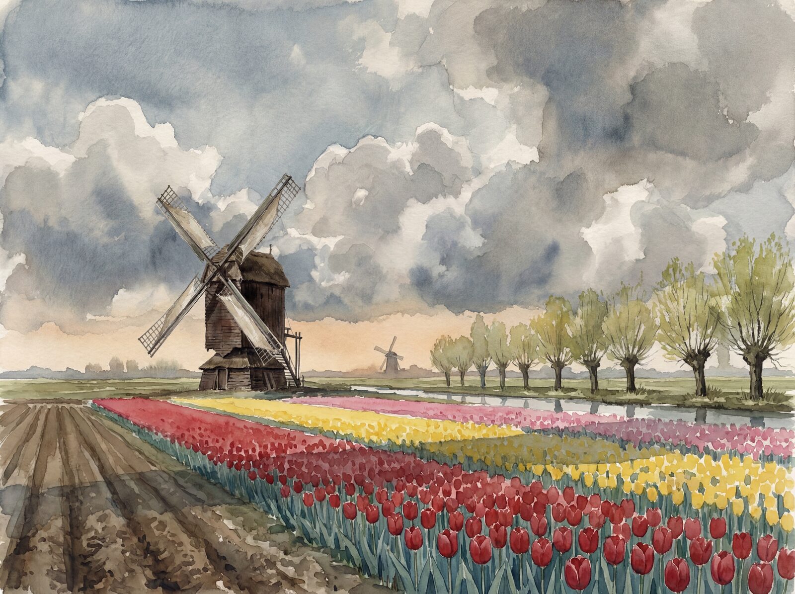 Panoramic Dutch polder landscape with windmill, tulips, and dramatic sky in Sky Blue Grey, Cloud White, and earthy tones. Made to order.