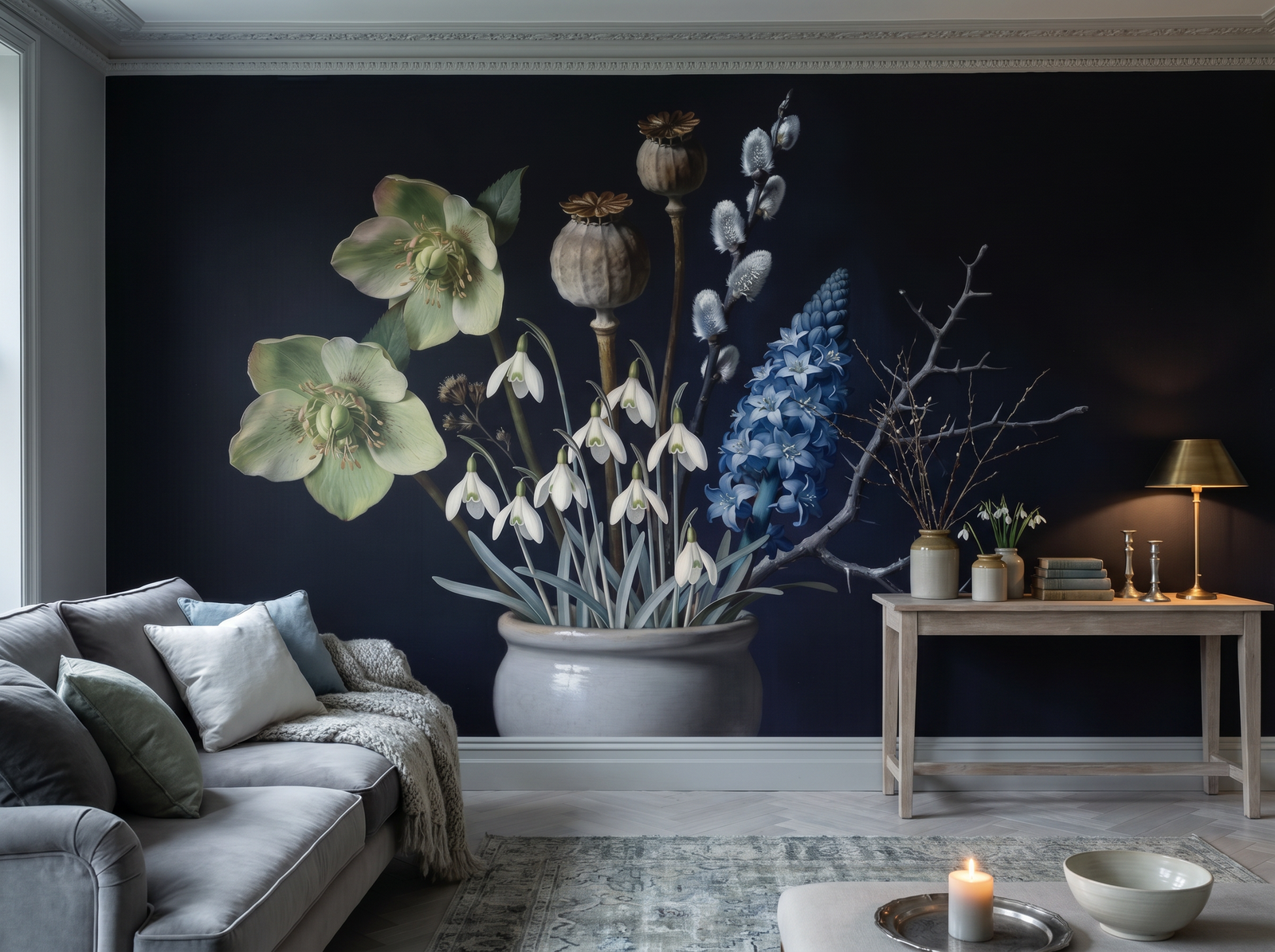 Winter Bouquet scenic wallpaper mural on the feature wall of an English-country bedroom, in a soft grey palette — The Wall Shawl.