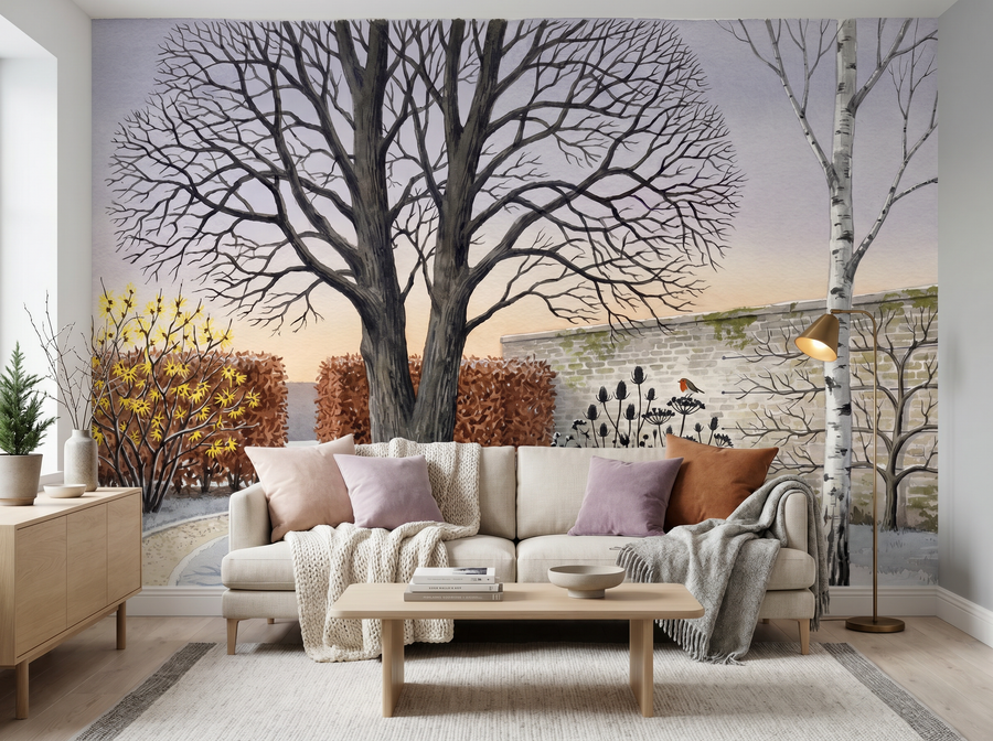 Winter Garden Dark scenic wallpaper mural on the feature wall of a Scandinavian study, in a moody black-and-charcoal palette — The Wall Shawl.