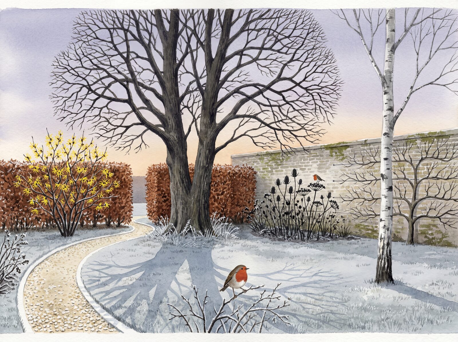 Scenic mural wallpaper in Winter Ground, Frost Silver, and Copper Beech hues. Made to order.