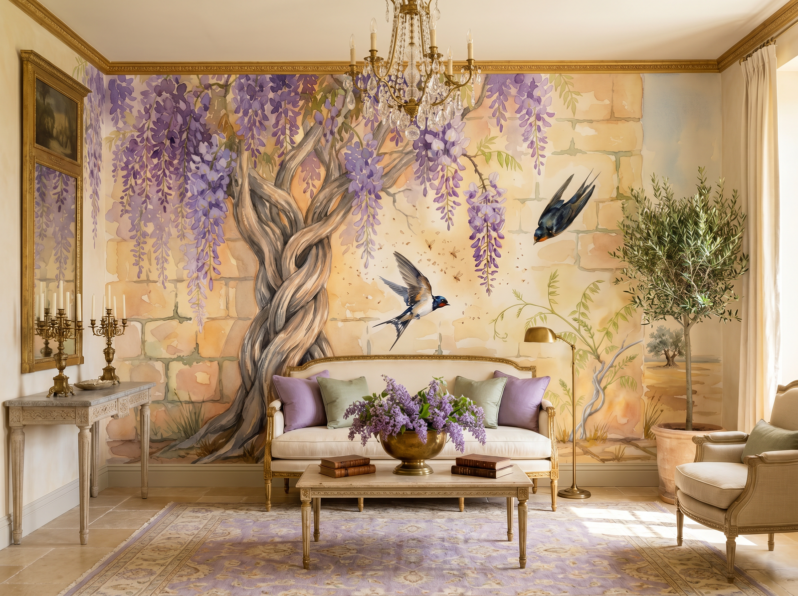Wisteria and Swallow scenic wallpaper mural on the feature wall of an English-country kitchen, in a soft grey palette — The Wall Shawl.