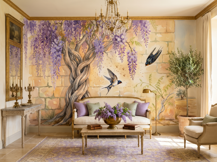 Wisteria and Swallow scenic wallpaper mural on the feature wall of an English-country kitchen, in a soft grey palette — The Wall Shawl.