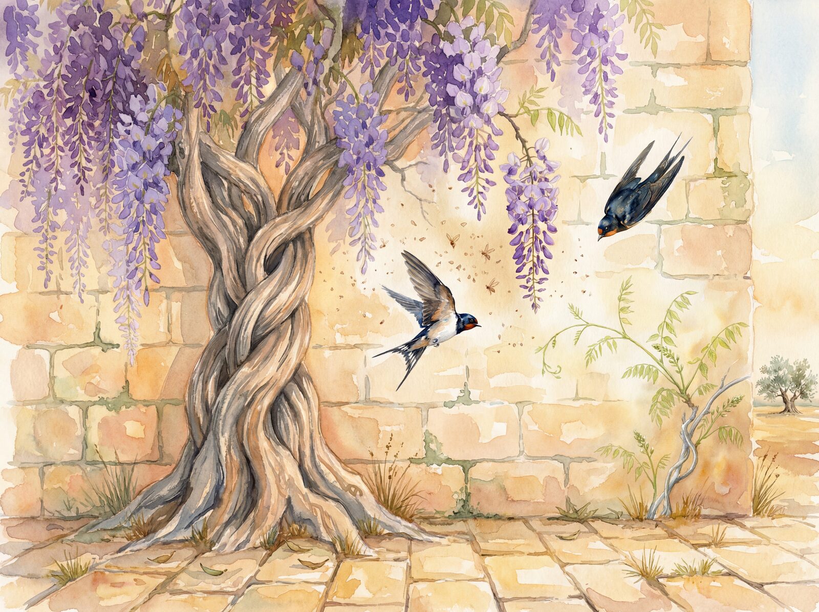 Scenic mural wallpaper featuring wisteria and swallows in a Provencal palette. Made to order.