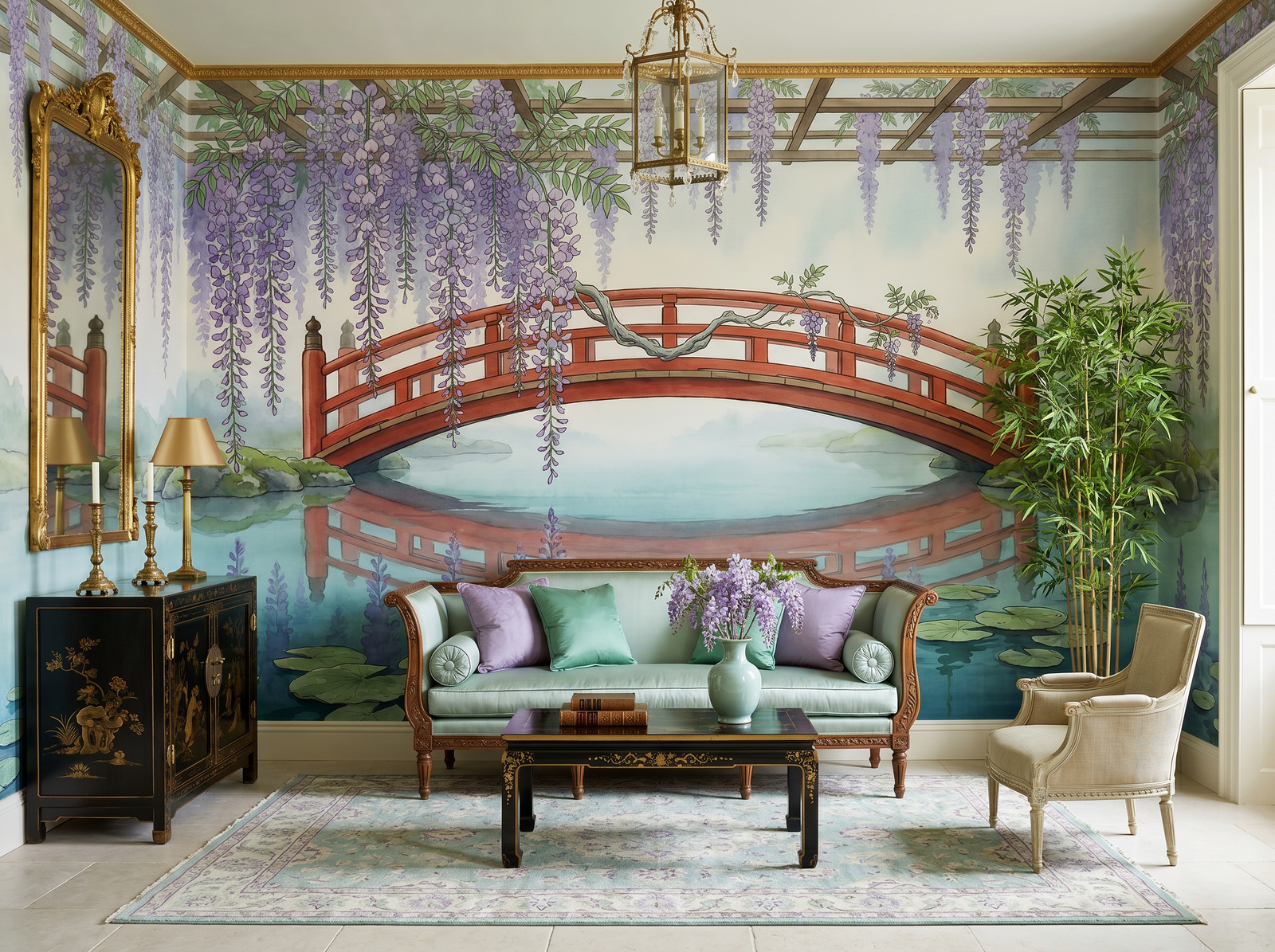 Wisteria Bridge scenic wallpaper mural on the feature wall of an English-country dining room, in a moody black-and-charcoal palette — The Wall Shawl.