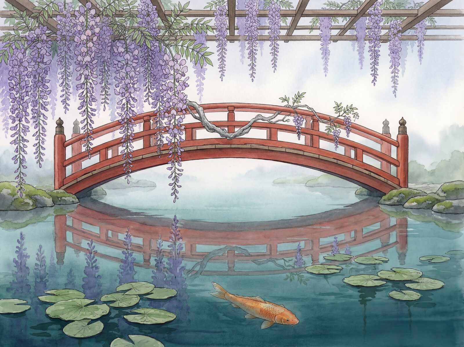 Scenic mural wallpaper in Pond Teal, Wisteria Drop, and Lacquer Red. Made to order.