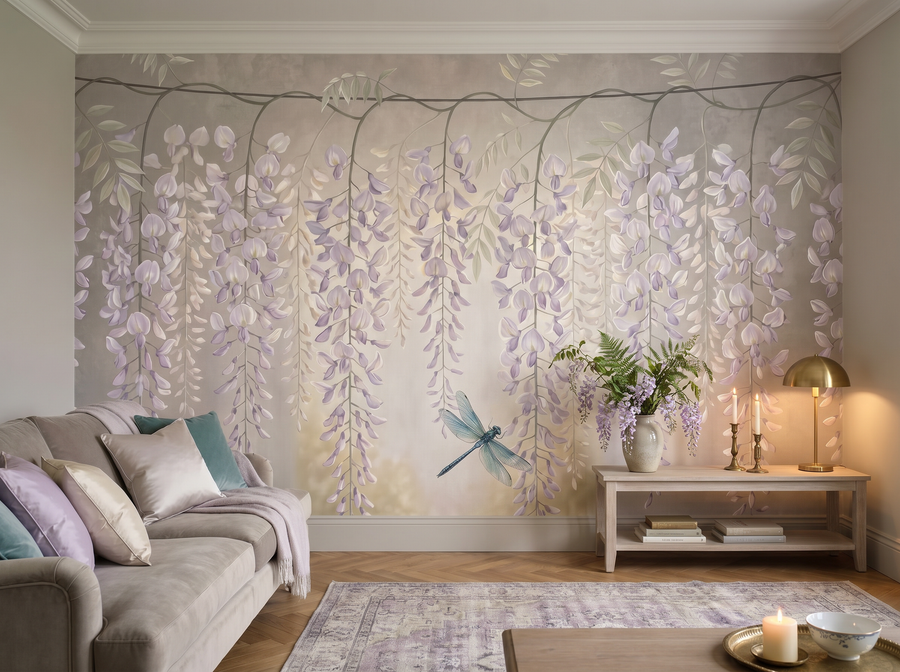 Wisteria Curtain scenic wallpaper mural on the feature wall of an English-country bedroom, in a warm neutral palette — The Wall Shawl.