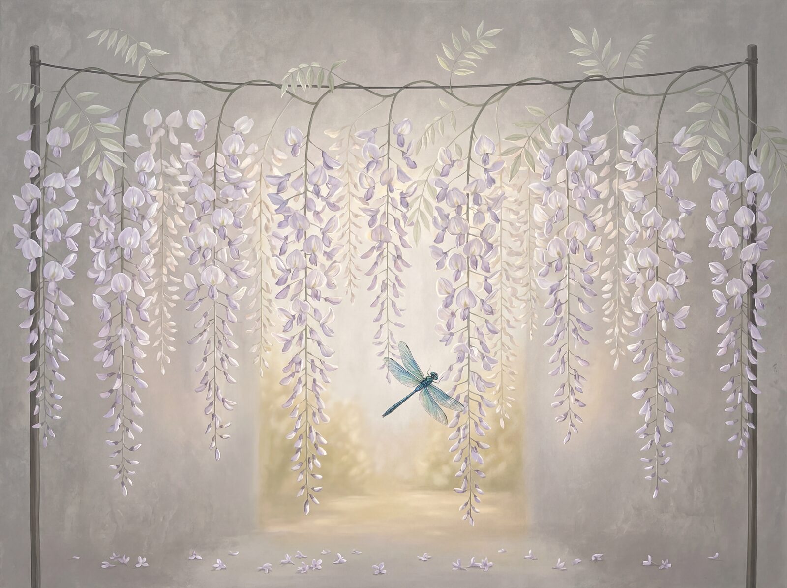 A ghostly curtain of pale wisteria, translucent and ethereal, in silver grey and ghost lavender. Made to order.