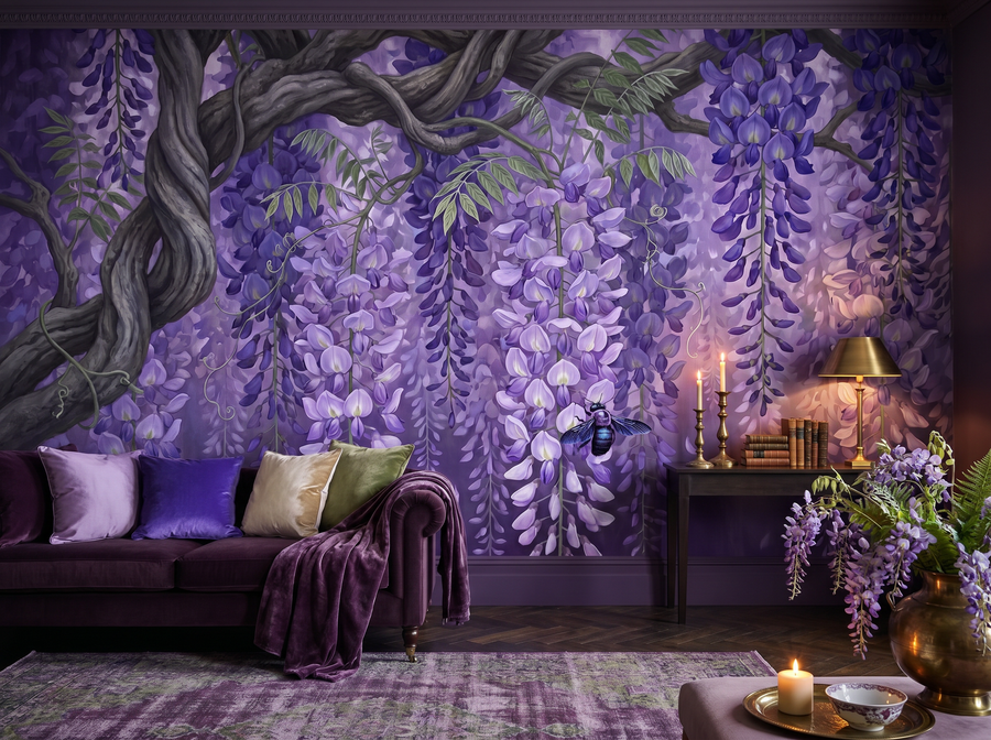 Wisteria Falls scenic wallpaper mural on the feature wall of an English-country bedroom, in a deep purple palette — The Wall Shawl.