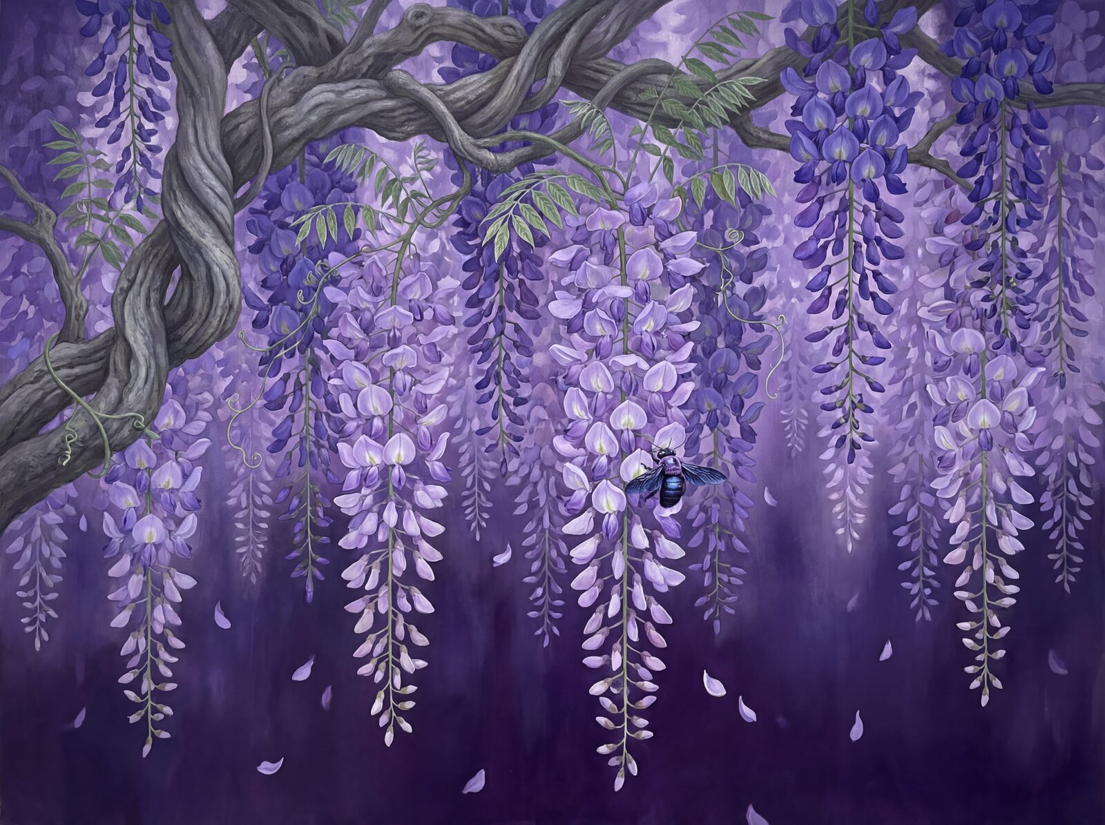Immerse yourself in cascading violet wisteria. A breathtaking palette of twilight purple, violet, and green. Made to order.