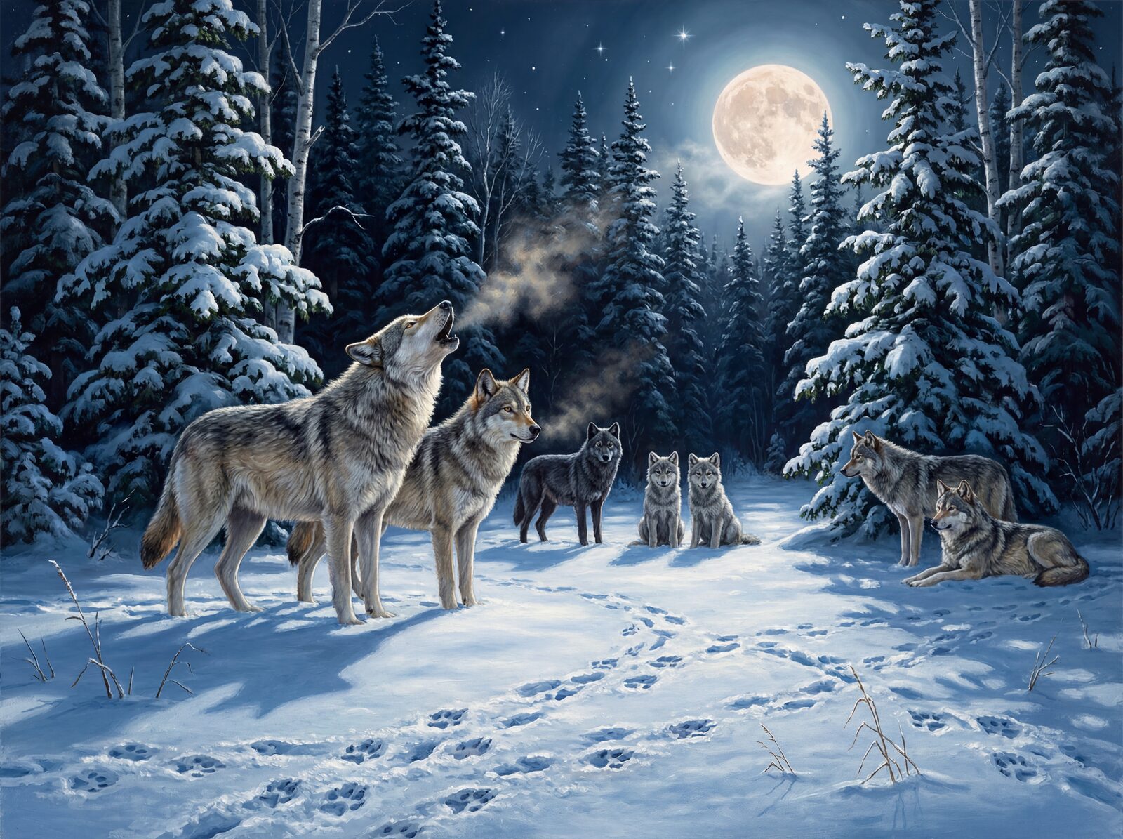 Scenic mural wallpaper featuring wolves in a moonlit forest, with a palette of silver, charcoal, and blue-white hues. Made to order.