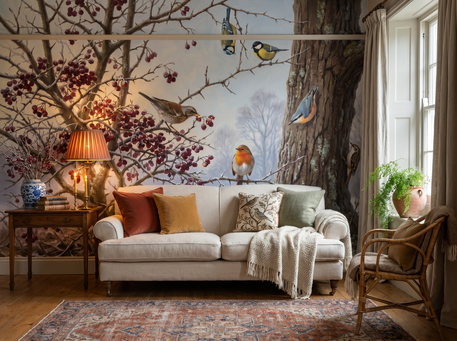 Woodland Birds wallpaper mural styled in a English Country Living Room, Birds, Browns / Taupe palette.