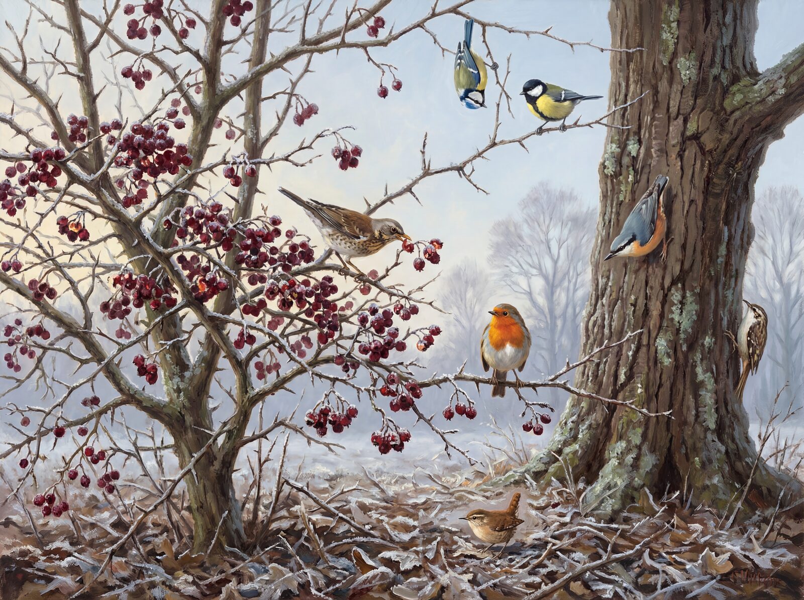 Witness the busy quietness of winter survival in a hawthorn tree, a vivid palette of red, blue, and yellow. Made to order.