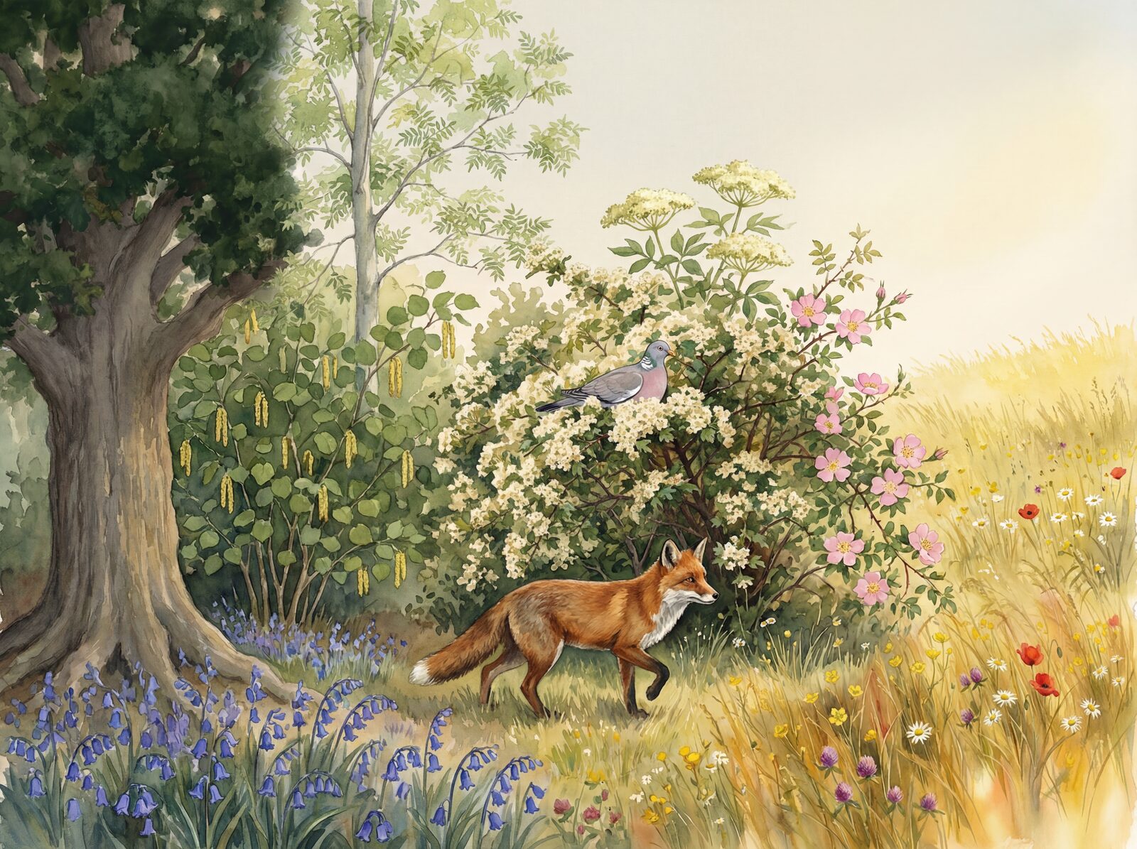 Scenic mural wallpaper featuring oak, hawthorn, and wildflowers in shades of green, white, and russet. Made to order.